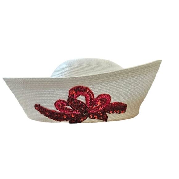 Vintage Mr.John White Straw Hat Red Sequin Bow Signature Series Sun Hat - Picture 1 of 13